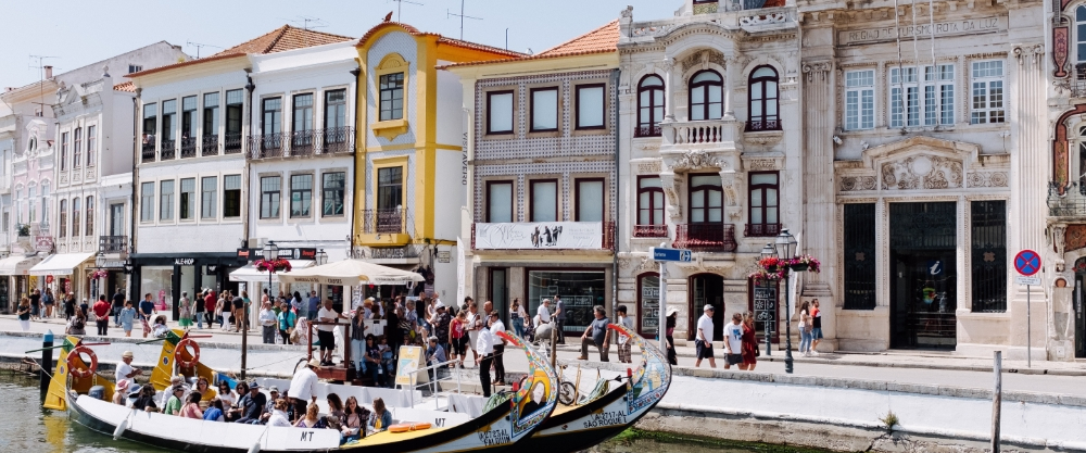 Typical historic buildings on the banks of the Central Canal in Aveiro.